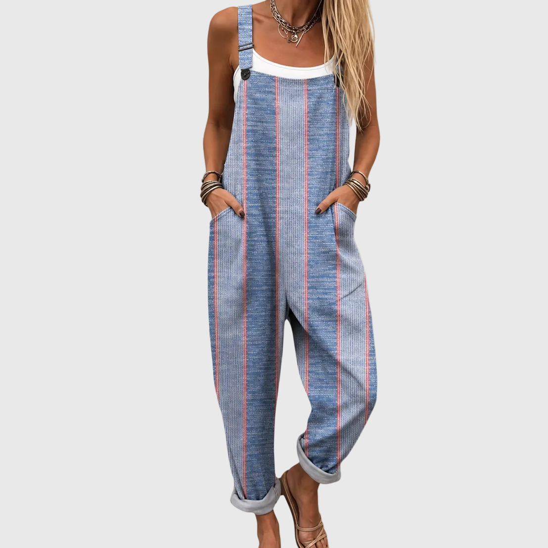 Women's Blue Vertical-Stripe Relaxed Overalls with Front Pockets