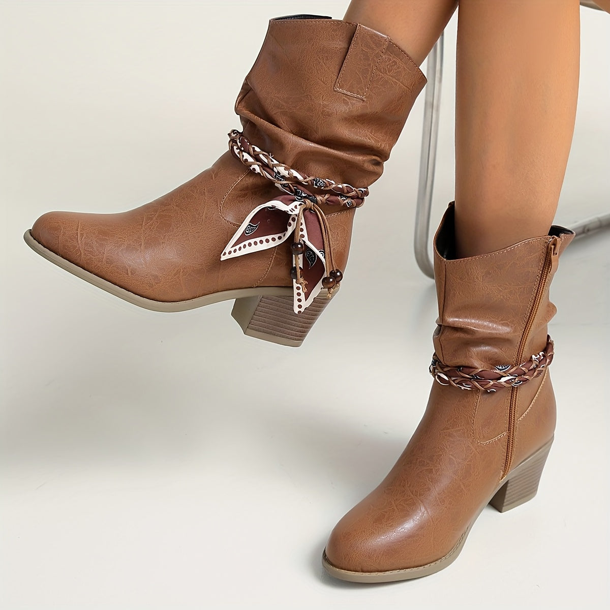 Women's Faux Leather Slouch Ankle Boots with Braided Bow Strap, view 3