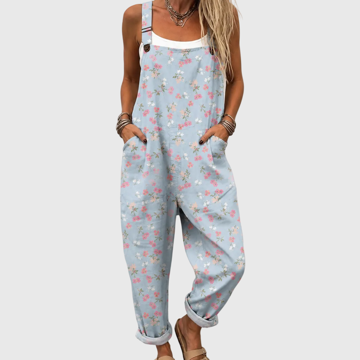 Women's Light Blue Jumpsuit with Small Pink Flowers
