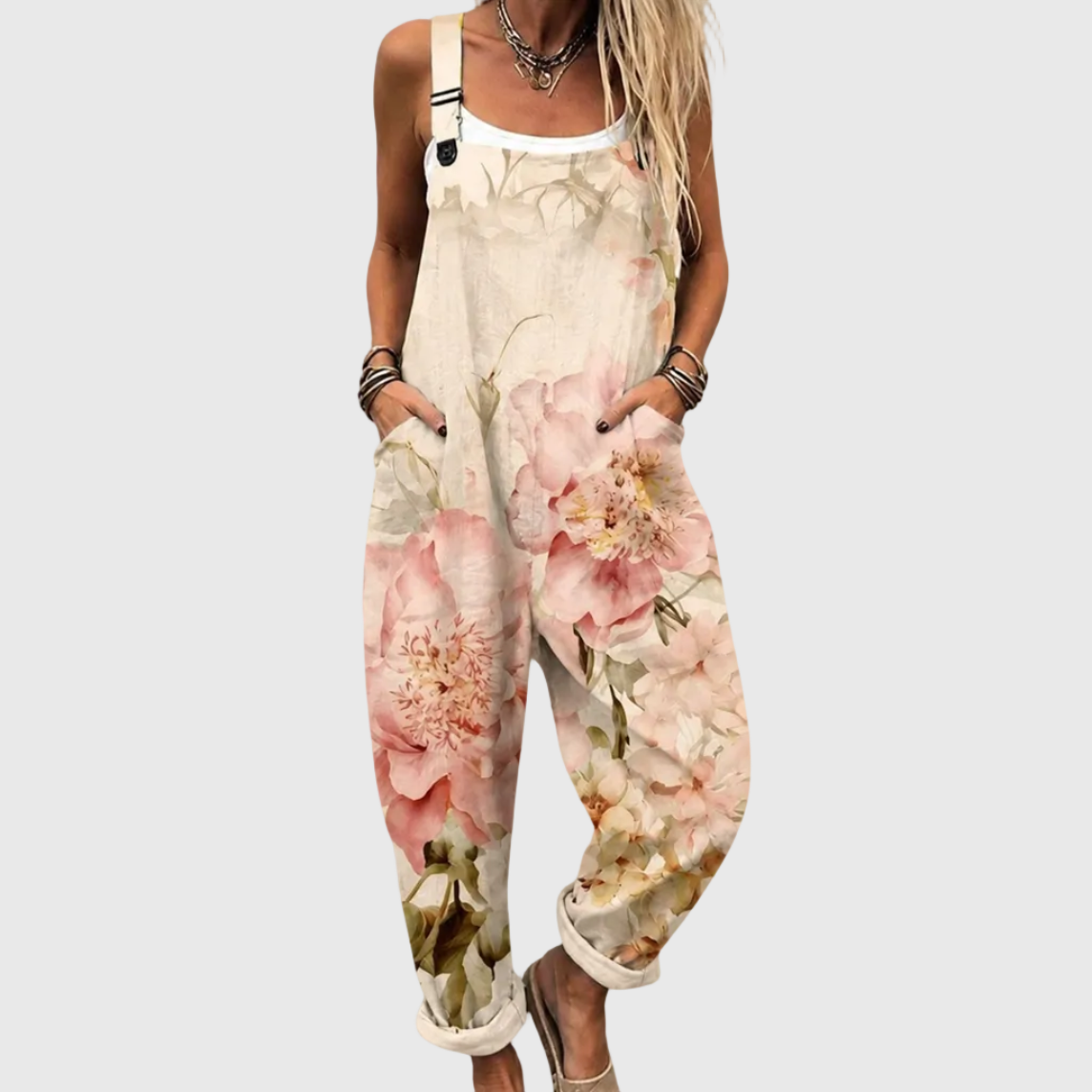 Women's Beige Printed Wide-Leg Overalls with Adjustable Straps