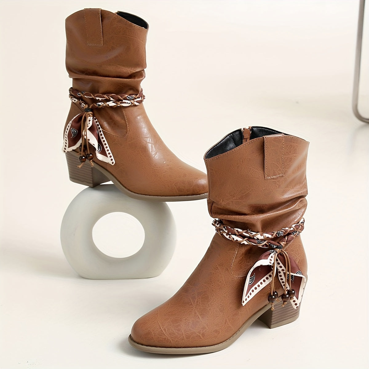 Women's Faux Leather Slouch Ankle Boots with Braided Bow Strap, view 7