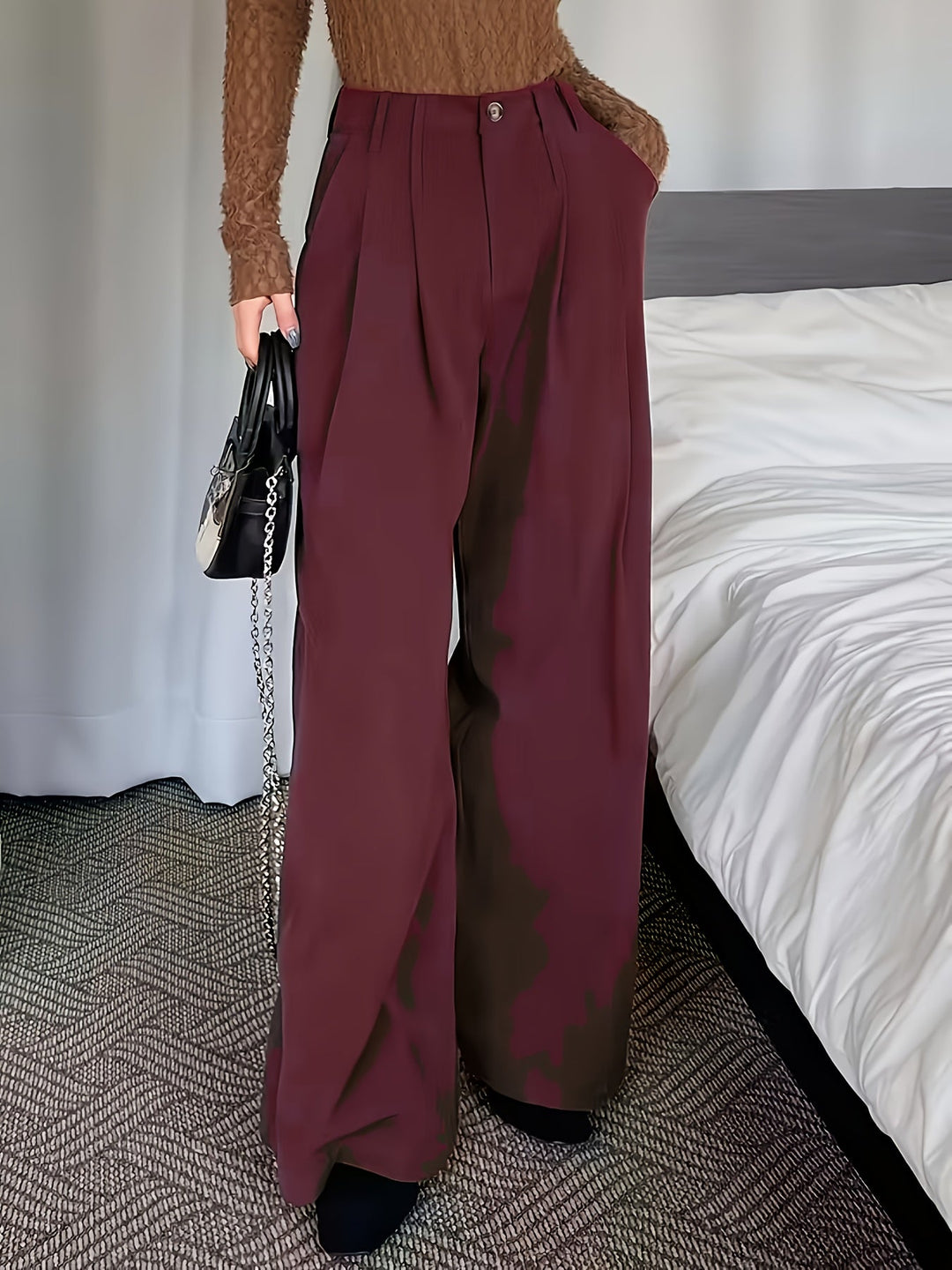 Women's Pleated Trousers, Wide Leg High Waisted Flowy Pants
