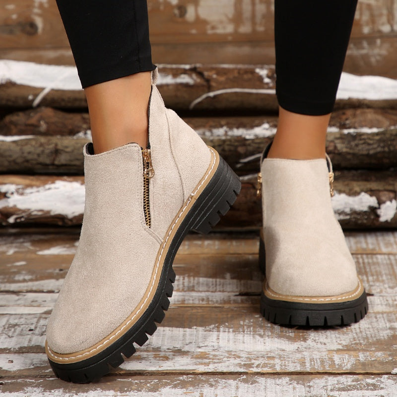 Women's Suede-Style Chunky Lug Platform Ankle Boots with Side Zip in Beige