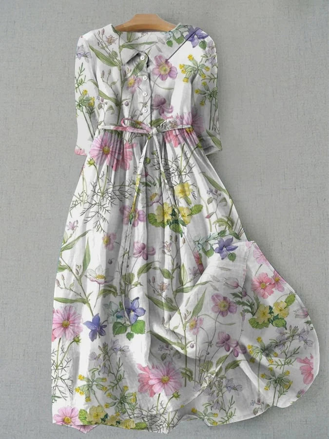 Women's Floral A-Line Cotton Linen Midi Dress with Lace-Up Waist