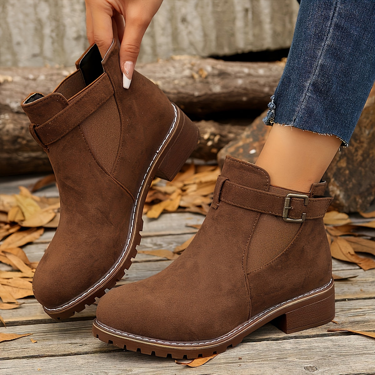 Women's Suede-Like Buckle Strap Chelsea Boots with Low Block Heel in Chestnut Brown