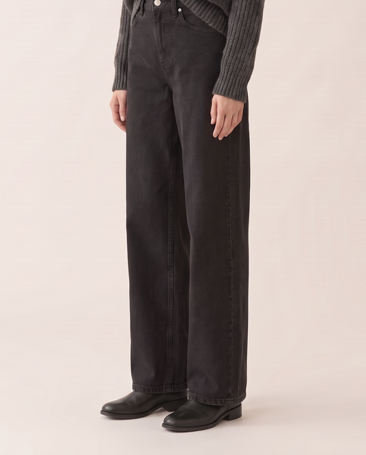 Black wide-leg jeans, waist-down view