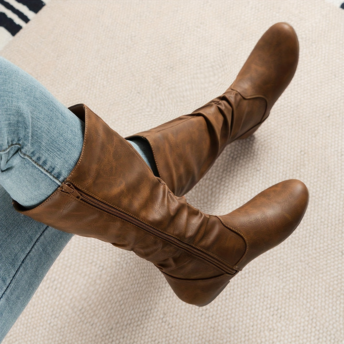 Women's Slouchy Round-Toe Flat Mid-Calf Boots, view 2