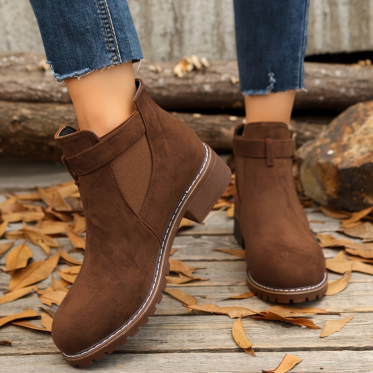 Women's Western Buckle Pull-On Ankle Boots with Lug Sole in Dark Brown