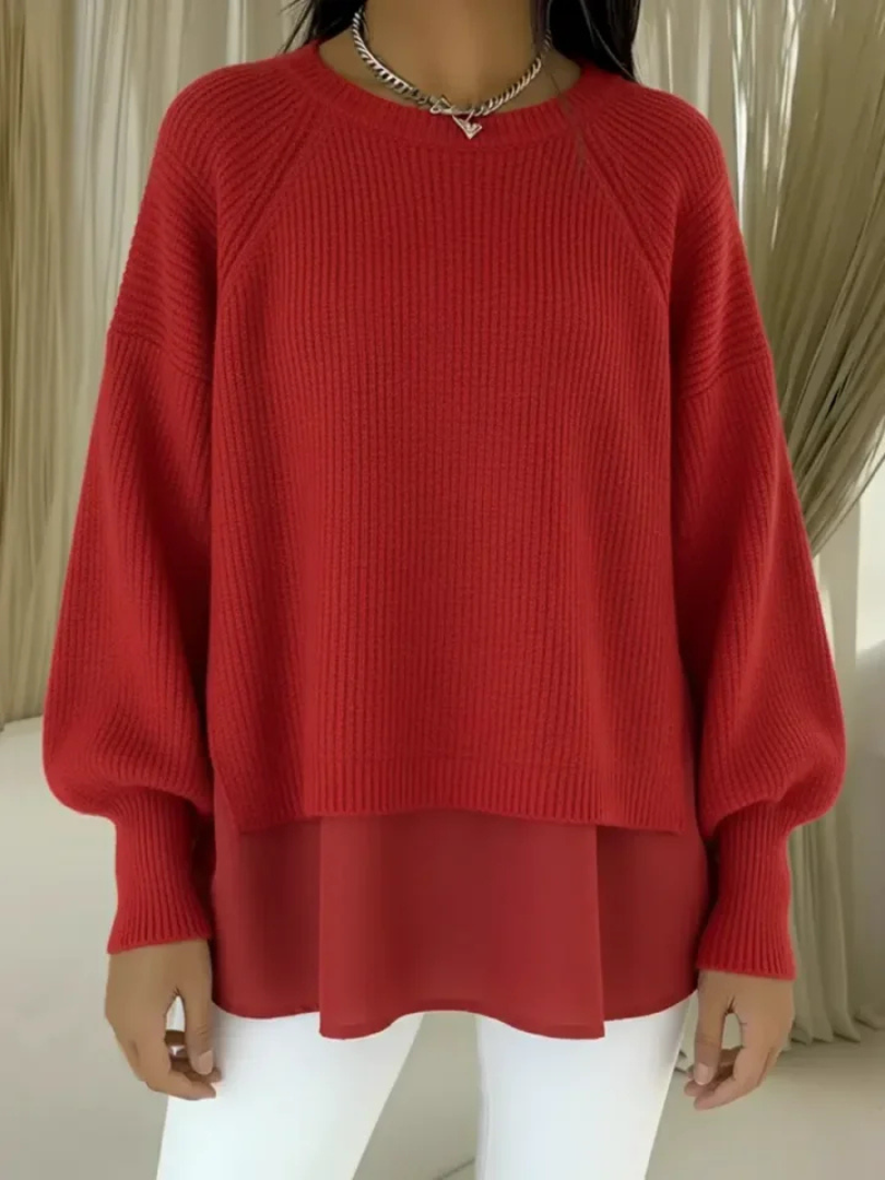 Women's Oversized Ribbed Sweater with Layered Woven Hem, view 2