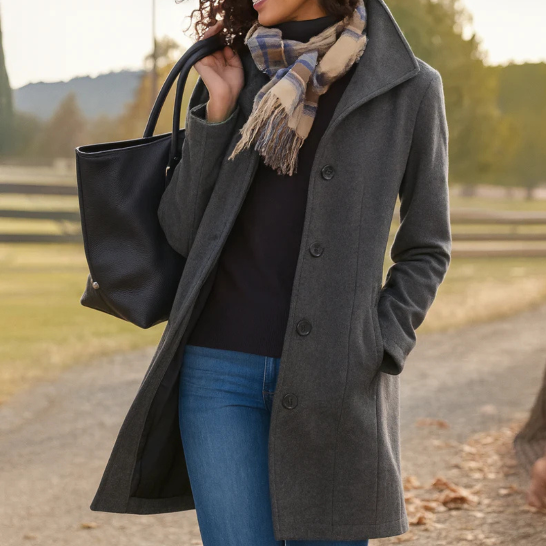 Women's Long Winter Coat, Button Front Straight Overcoat Outerwear