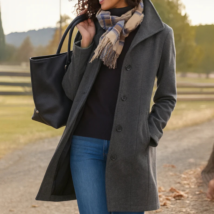 Women's Long Winter Coat, Button Front Straight Overcoat Outerwear