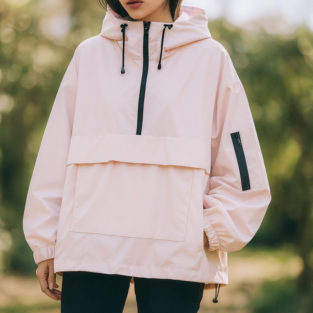 Water-Repellent Windproof Half-Zip Hooded Anorak Jacket in Rose Pink
