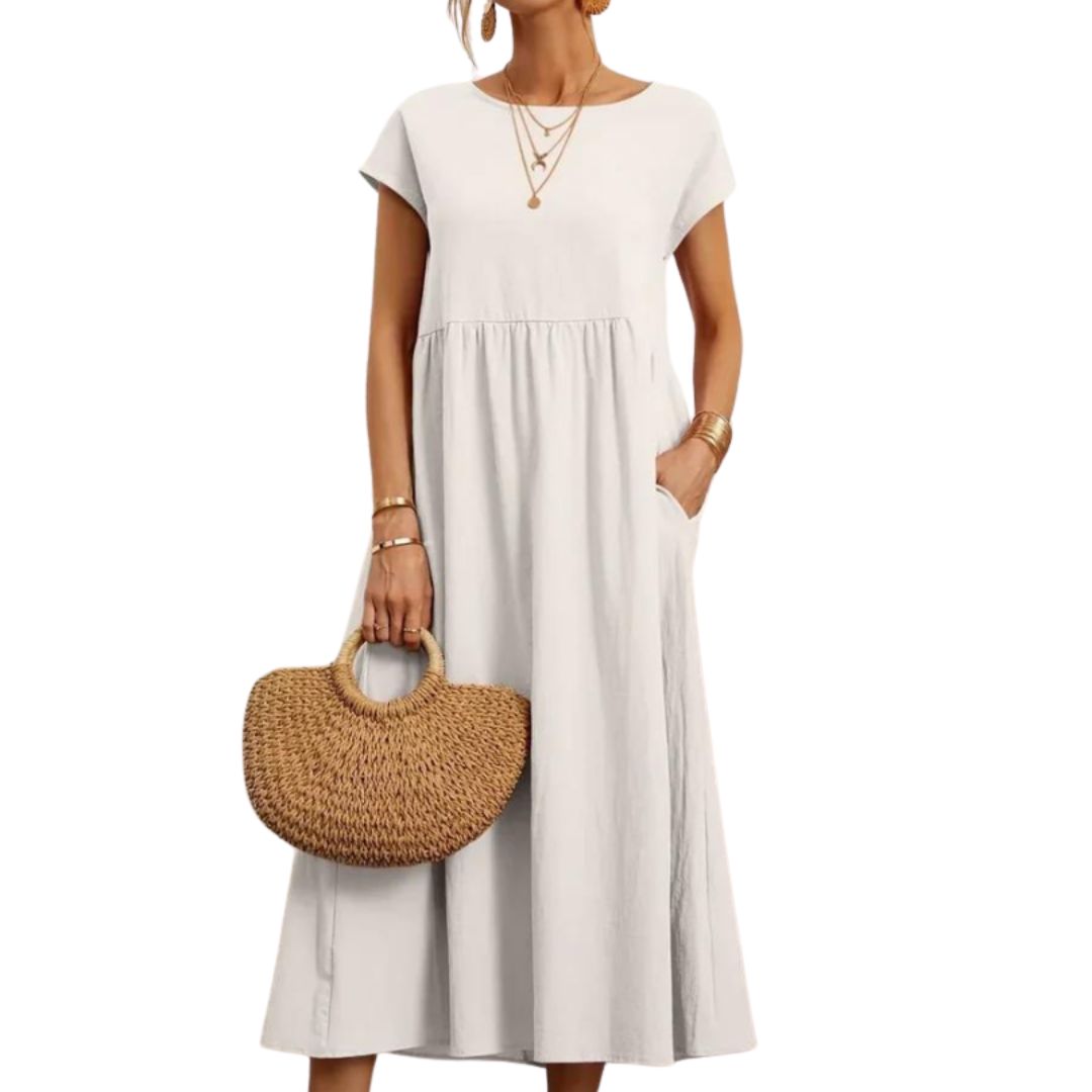 Women's Cotton Relaxed-Fit Pull-On Midi Dress in White