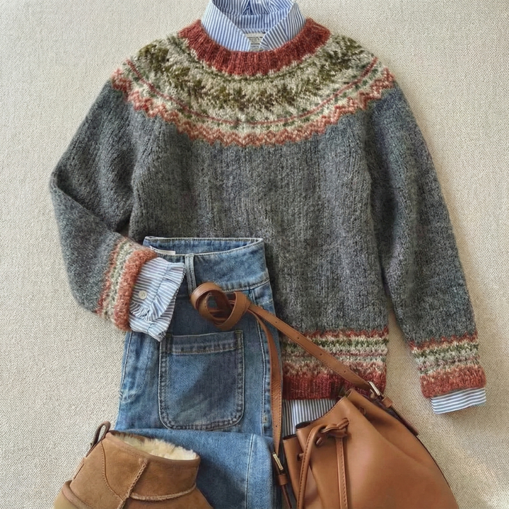 Women's Fair Isle Sweater, Nordic Knit Crew Neck Winter Pullover