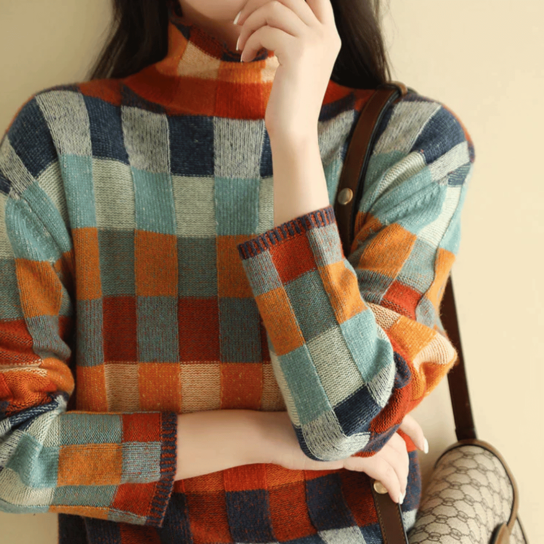 Women's Cashmere Blend Patchwork Turtleneck Sweater, view 5