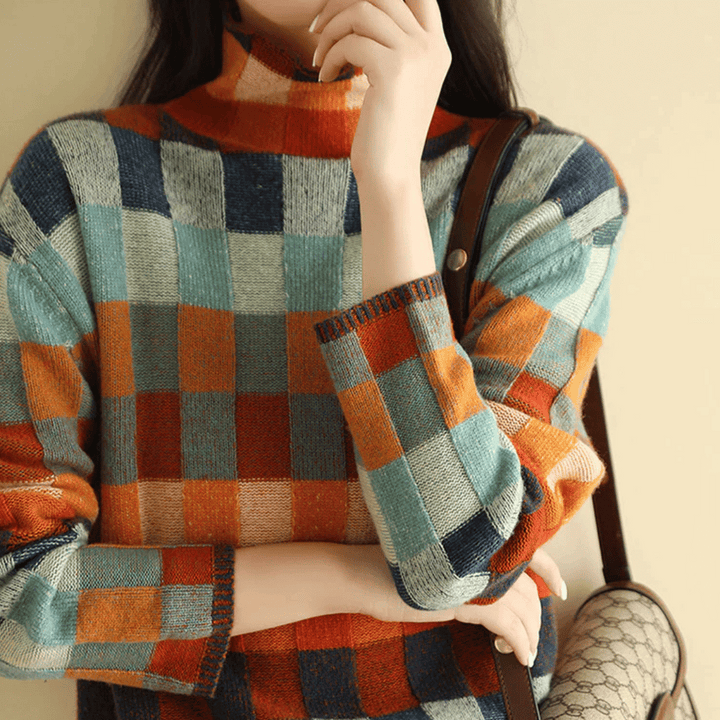 Women's Cashmere Sweater, Patchwork Turtleneck Knit Pullover