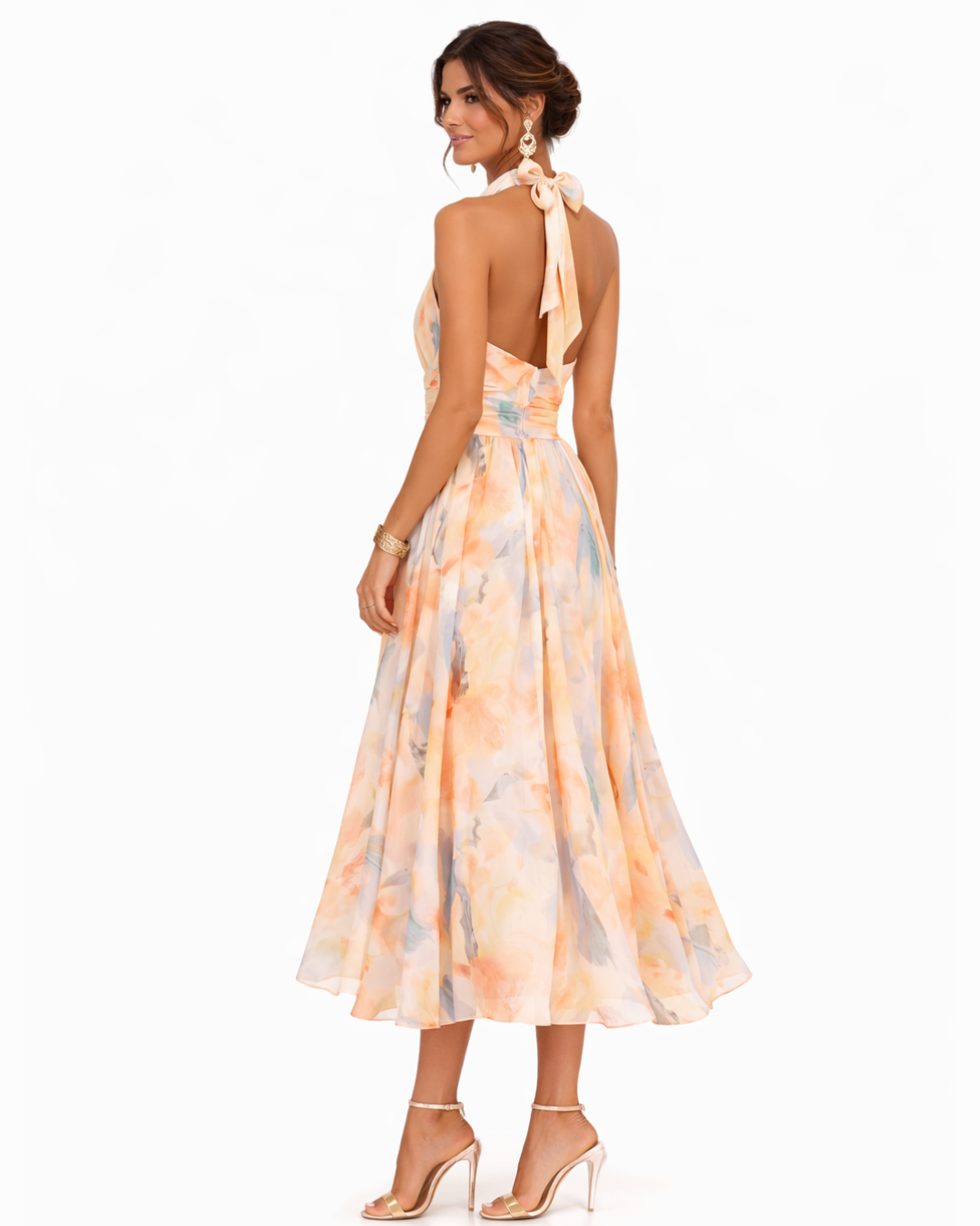 Women's Watercolor Print Halter Neck Maxi Dress, view 5