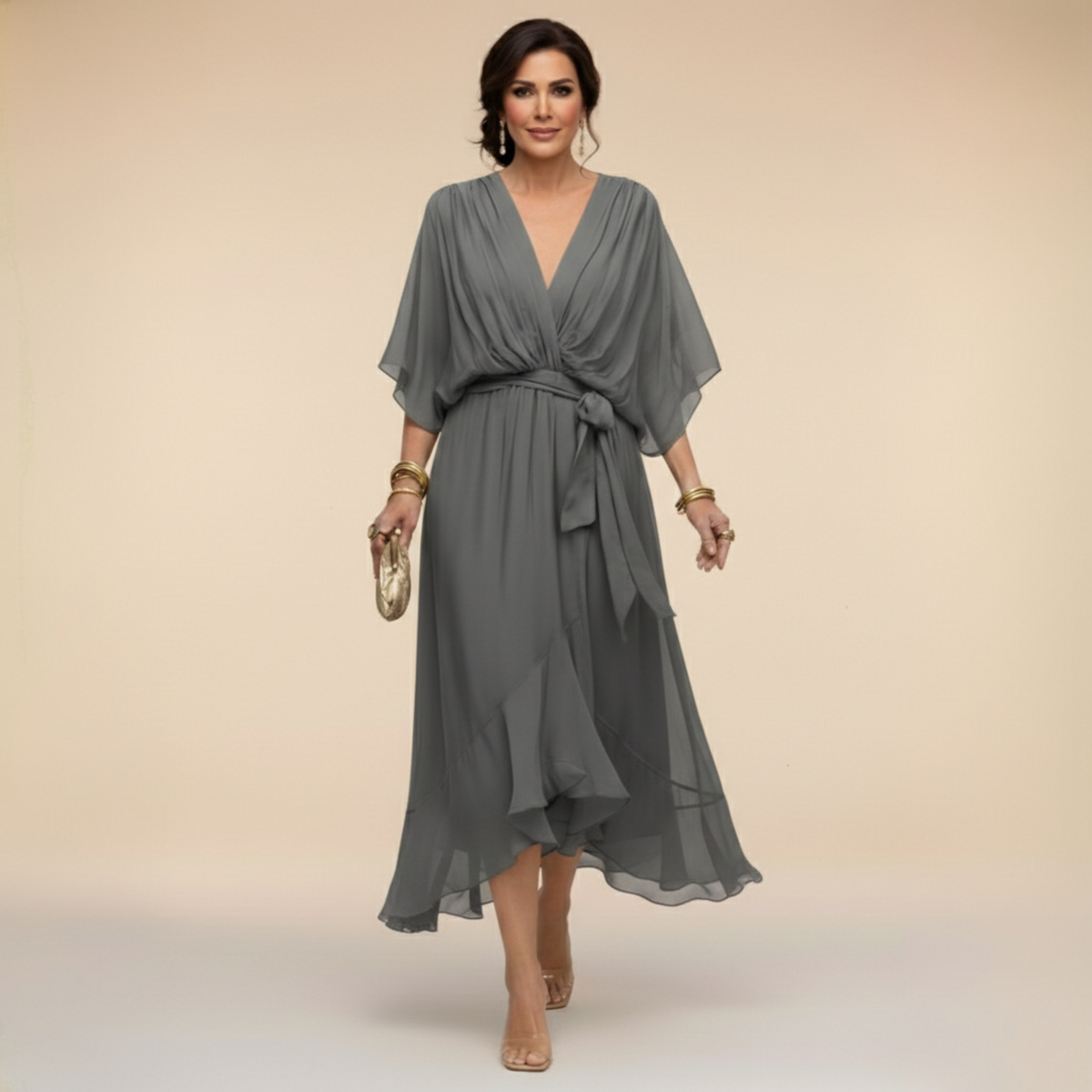 Women's Lightweight Chiffon V-Neck Midi Dress in Gray