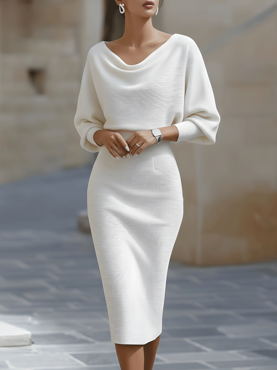 Women's Draped Batwing Sleeve Knit Midi Dress with Cowl Neck in White