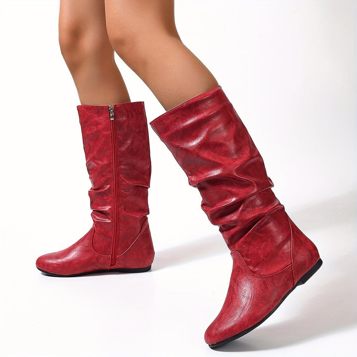 Women's Mid Calf Boots, Slouchy Flat Round Toe Pull On Boots