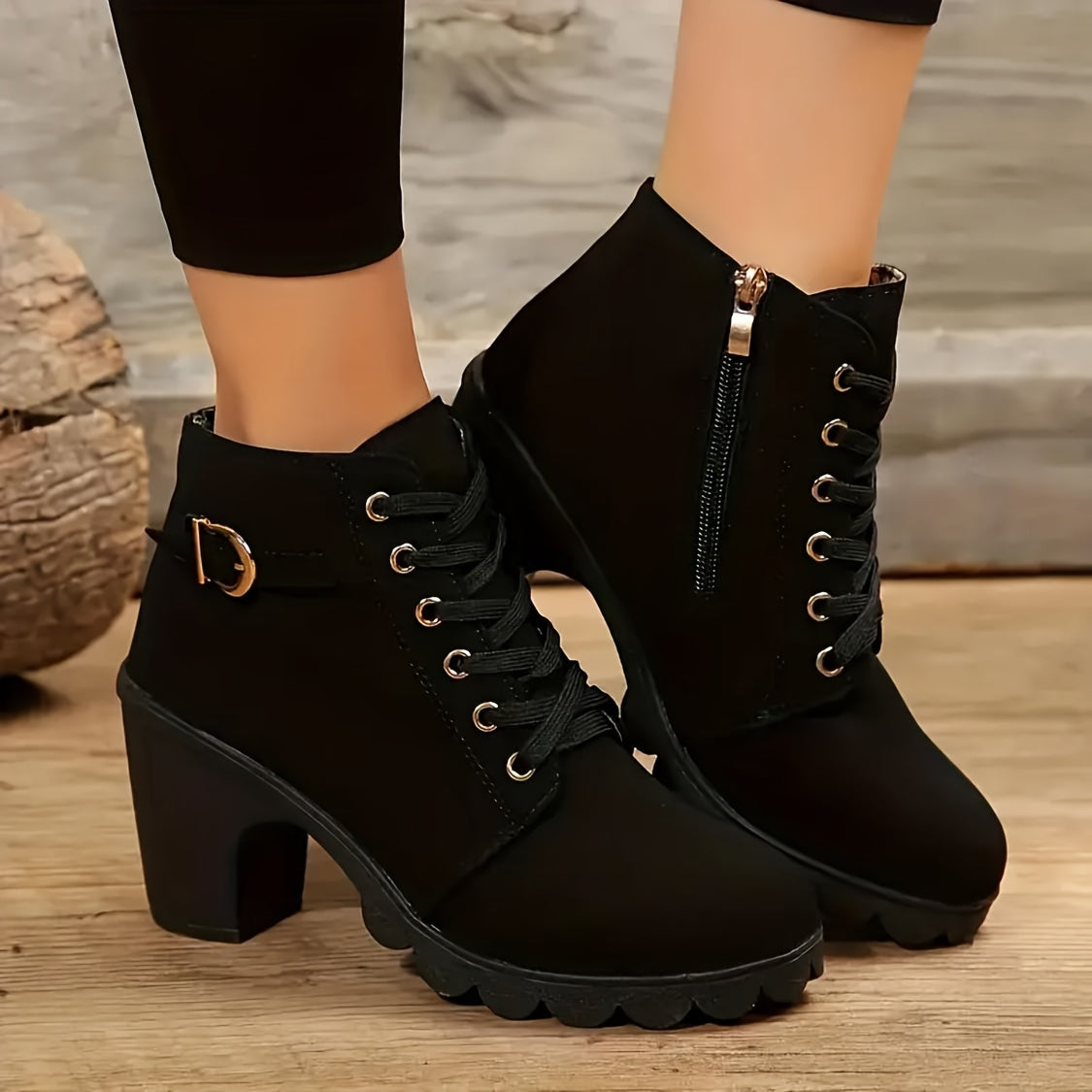 Women's Lug Sole Lace-Up Block Heel Ankle Boots with Side Zip in Black