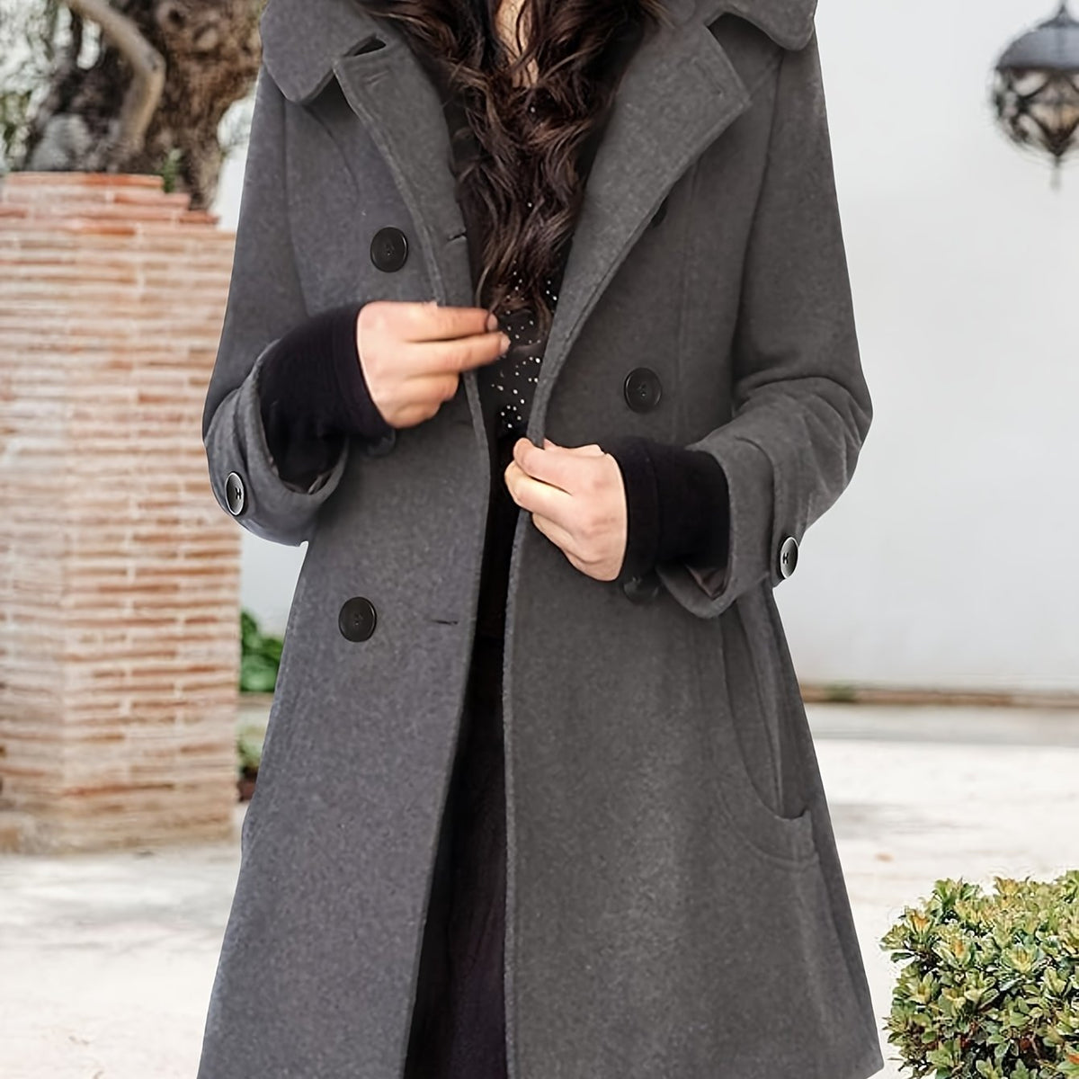 Women's Hooded Double-Breasted Mid-Length Coat in Gray
