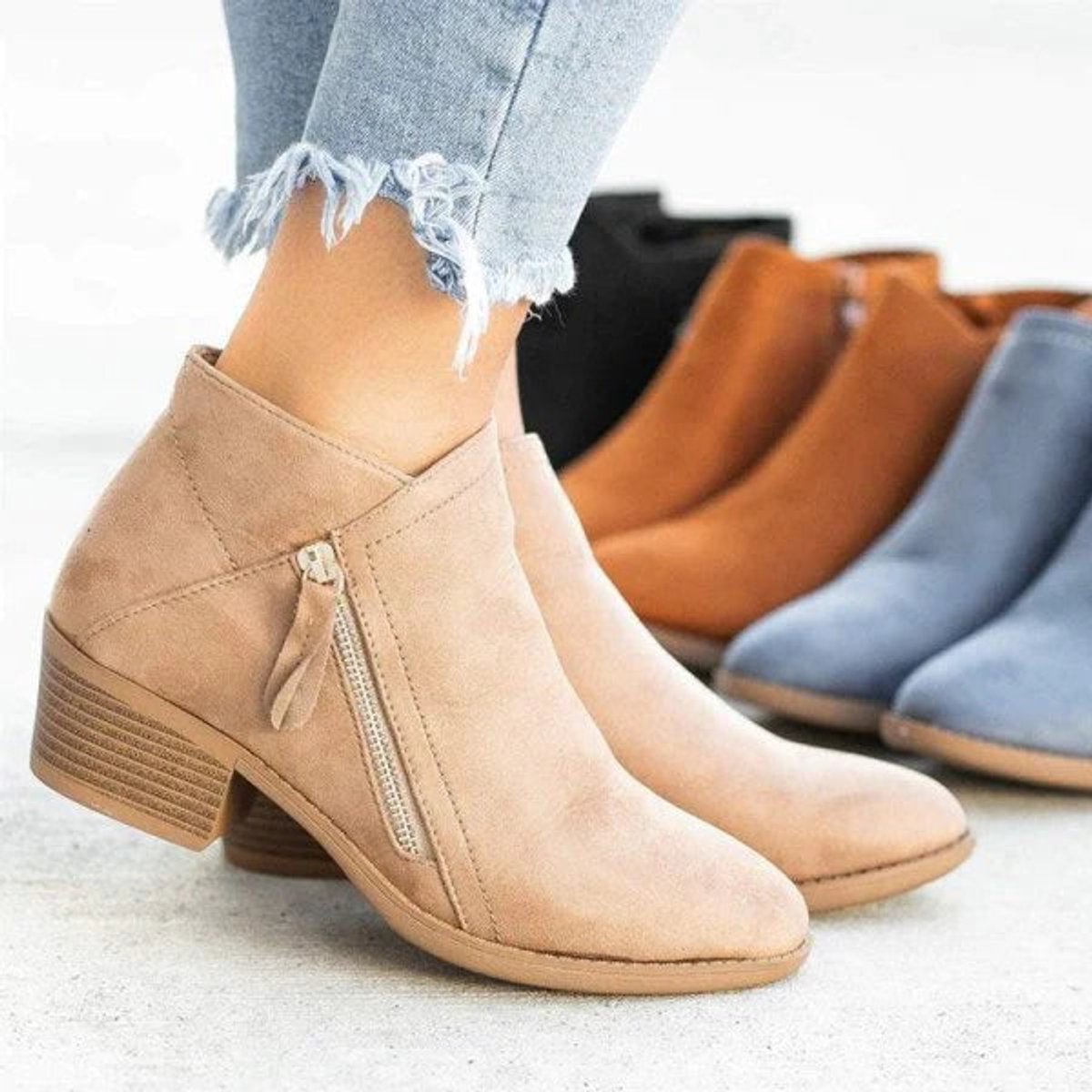 Women's Suede Low Heel Side-Zip Ankle Boots with Round Toe, view 2