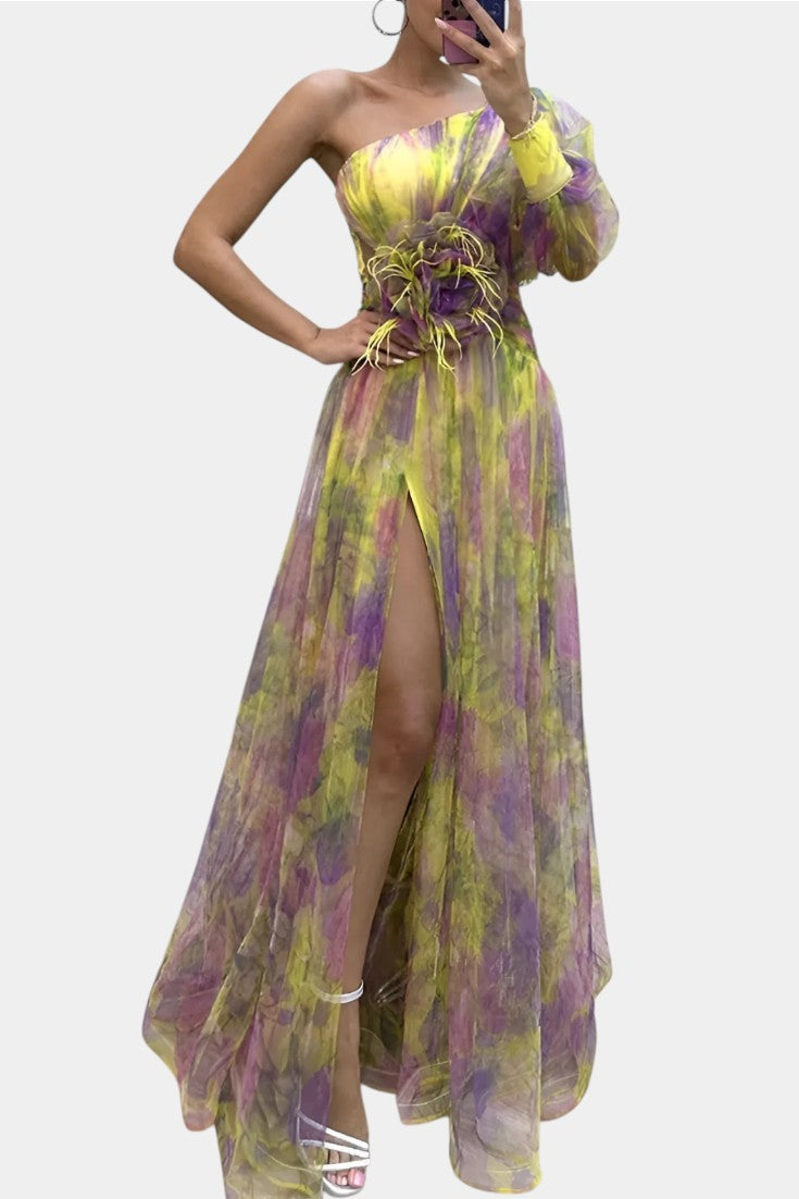 Women's One-Shoulder Maxi Gown with Draped Slit and Floral Applique in Yellow