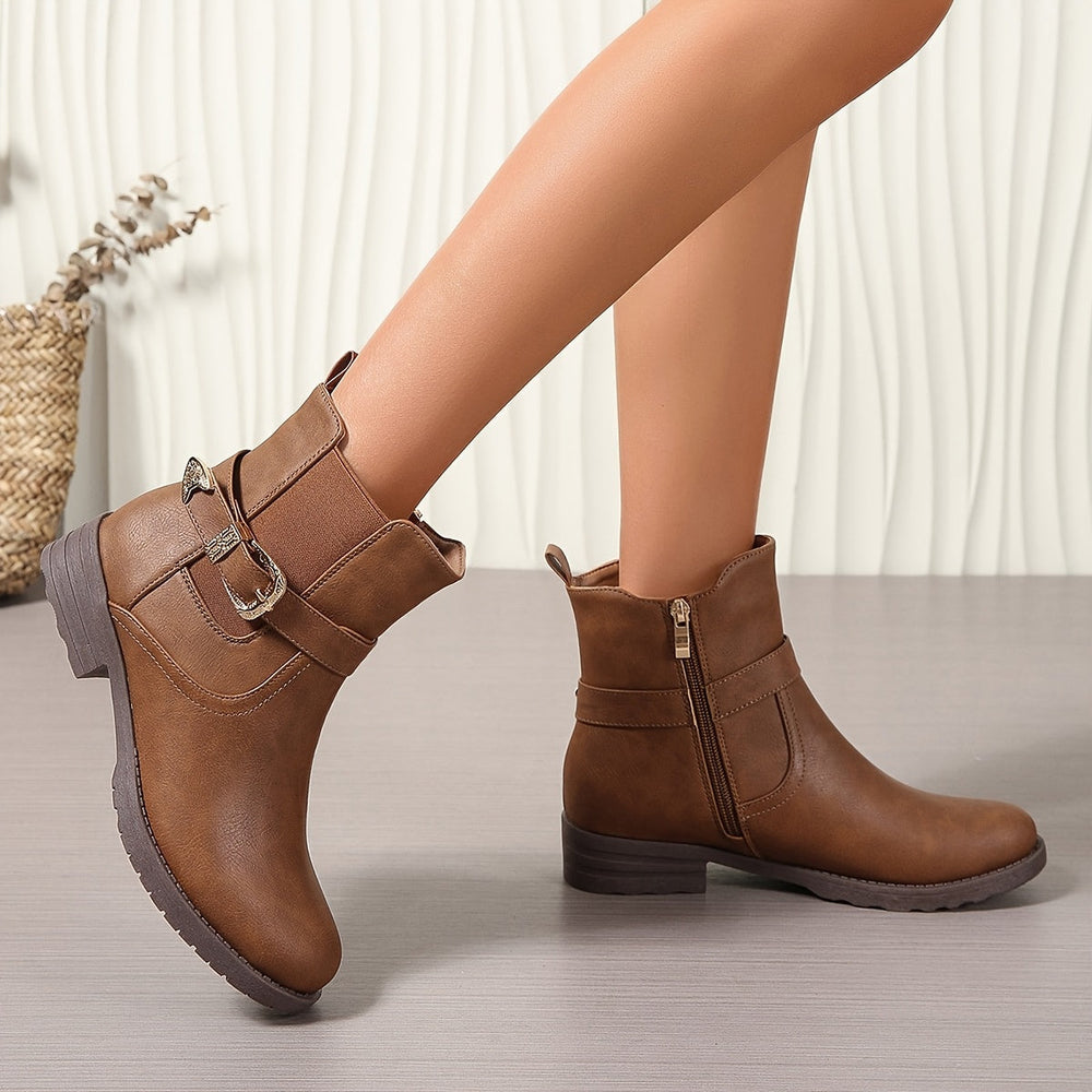 Women's Western Buckle Ankle Boots with Back Zip and Block Heel, view 2