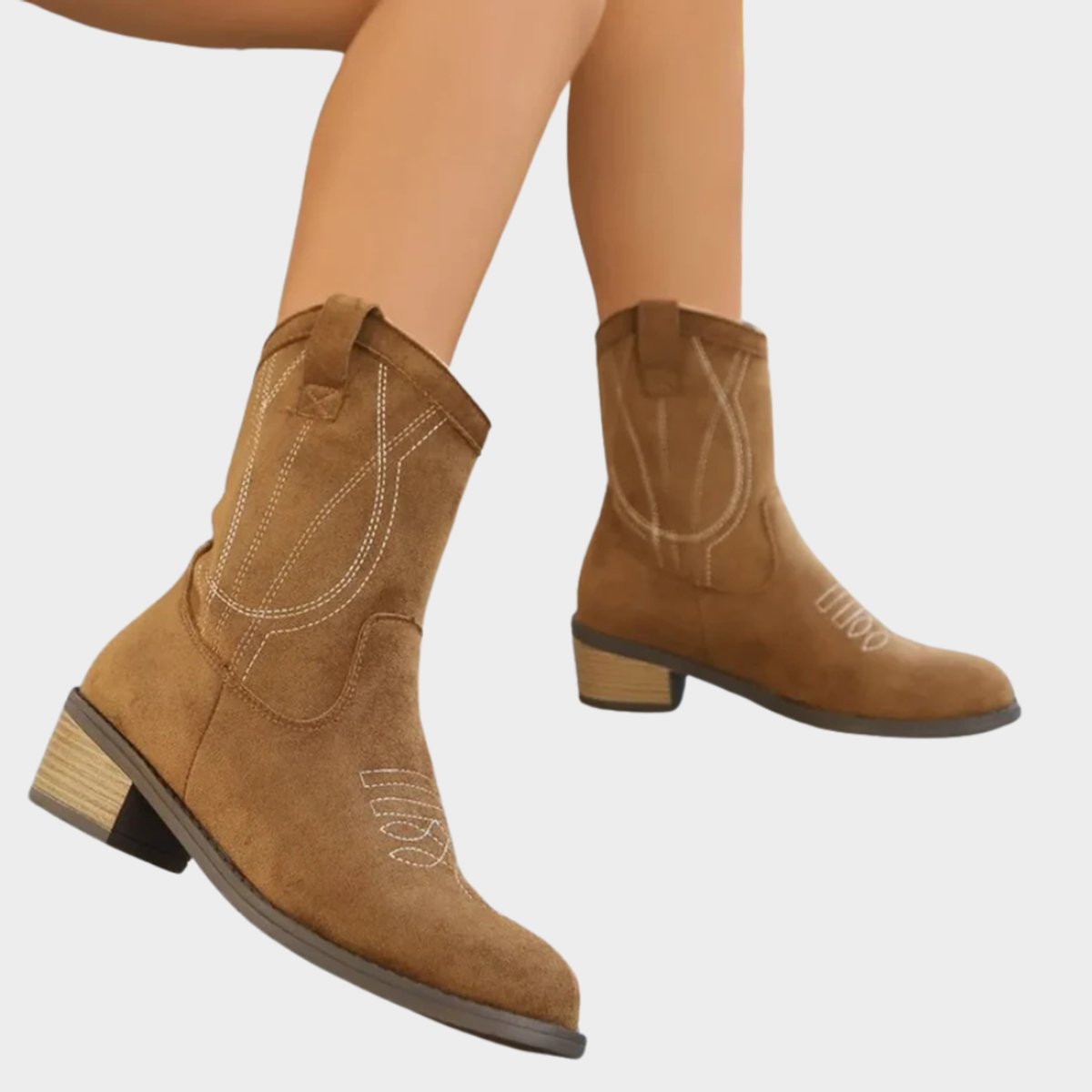 Women's Embroidered Suede Western Ankle Boots in Khaki