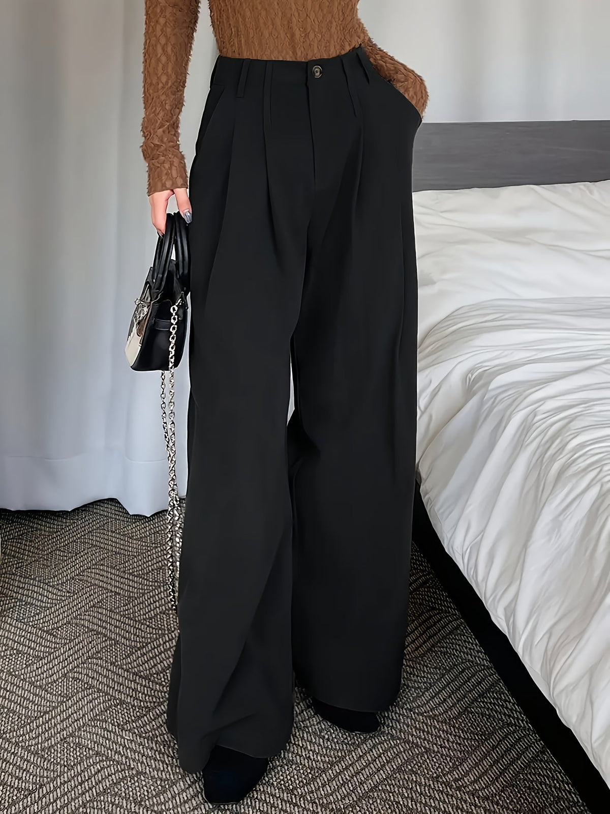 Women's Pleated High-Waisted Wide-Leg Pants, view 4