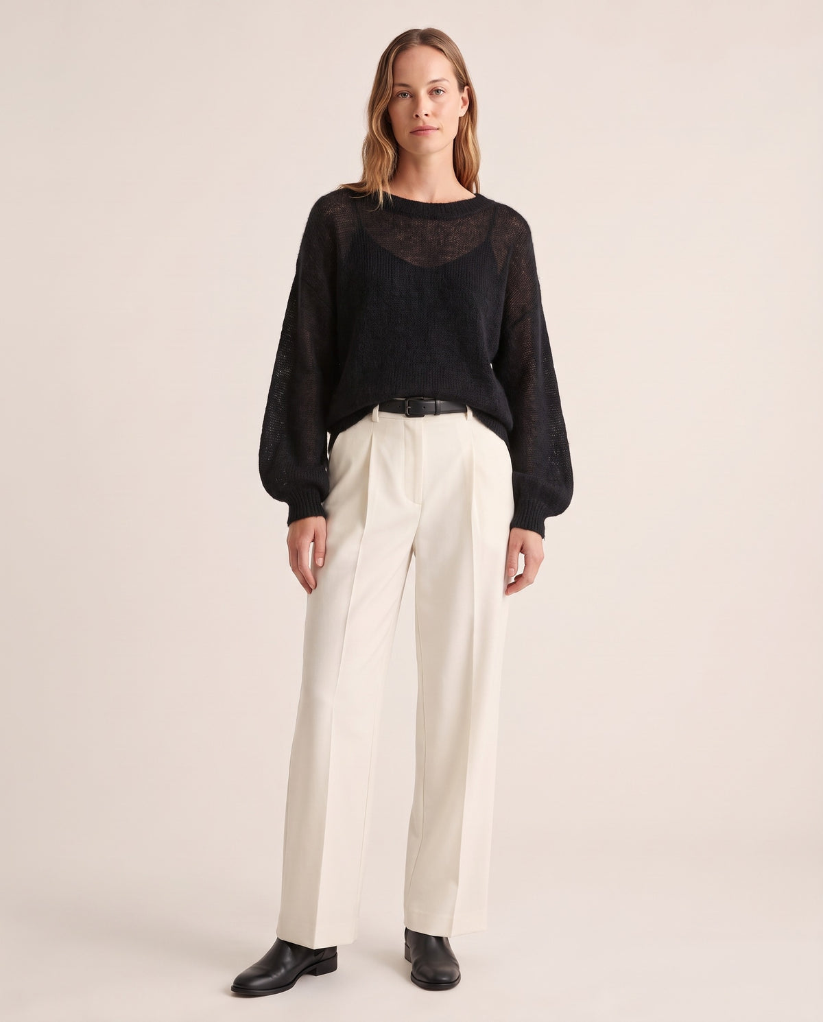 Women's Cashmere Silk Sweater — black, studio front
