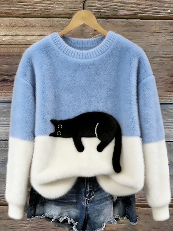 Women's Cotton-Blend Cat Graphic Pullover Sweater in Light Blue