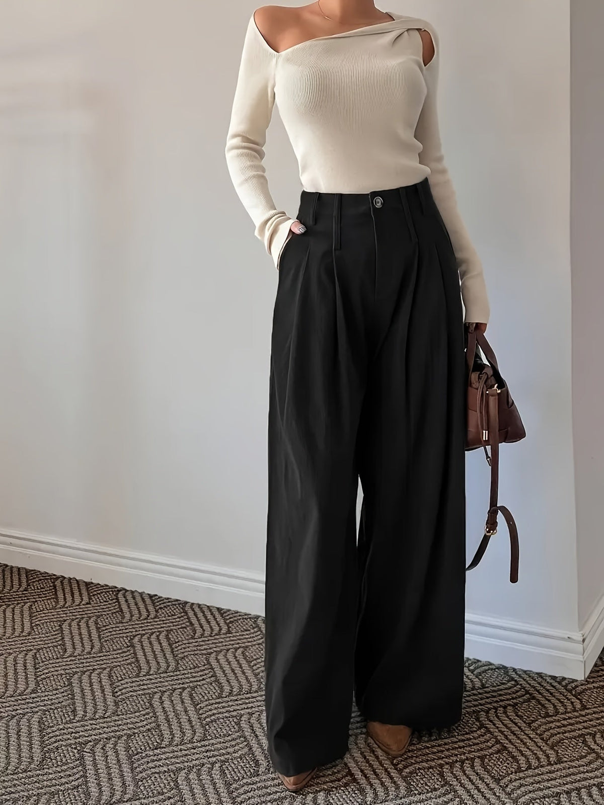 Women's Pleated High-Waisted Wide-Leg Pants, view 5