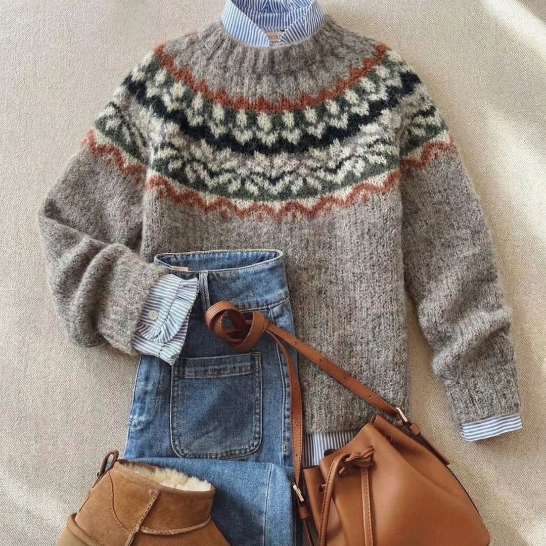 Women's Fair Isle Sweater, Nordic Knit Crew Neck Winter Pullover