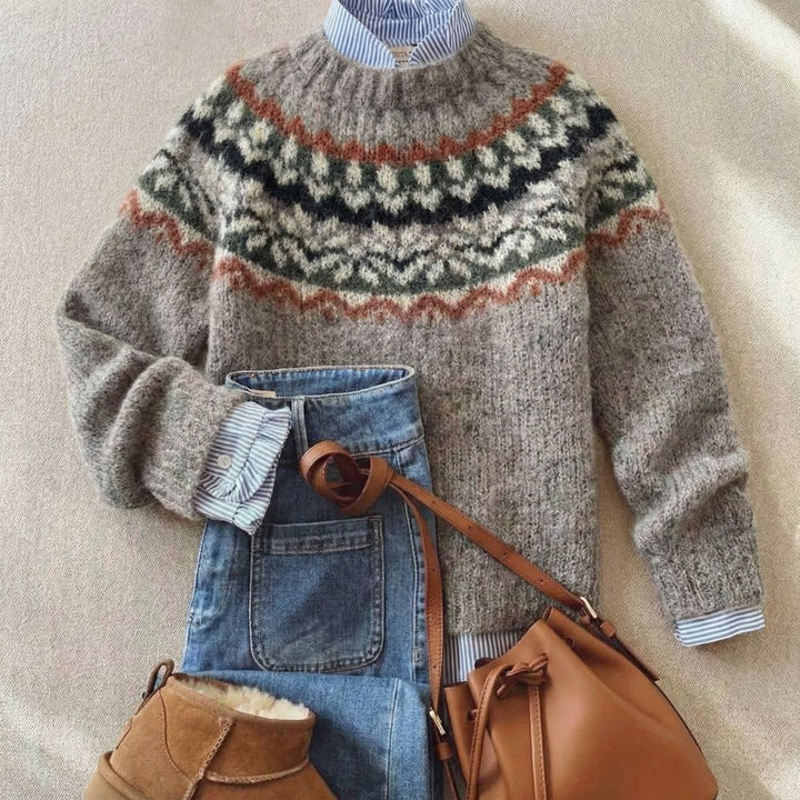 Women's Fair Isle Sweater, Nordic Knit Crew Neck Winter Pullover