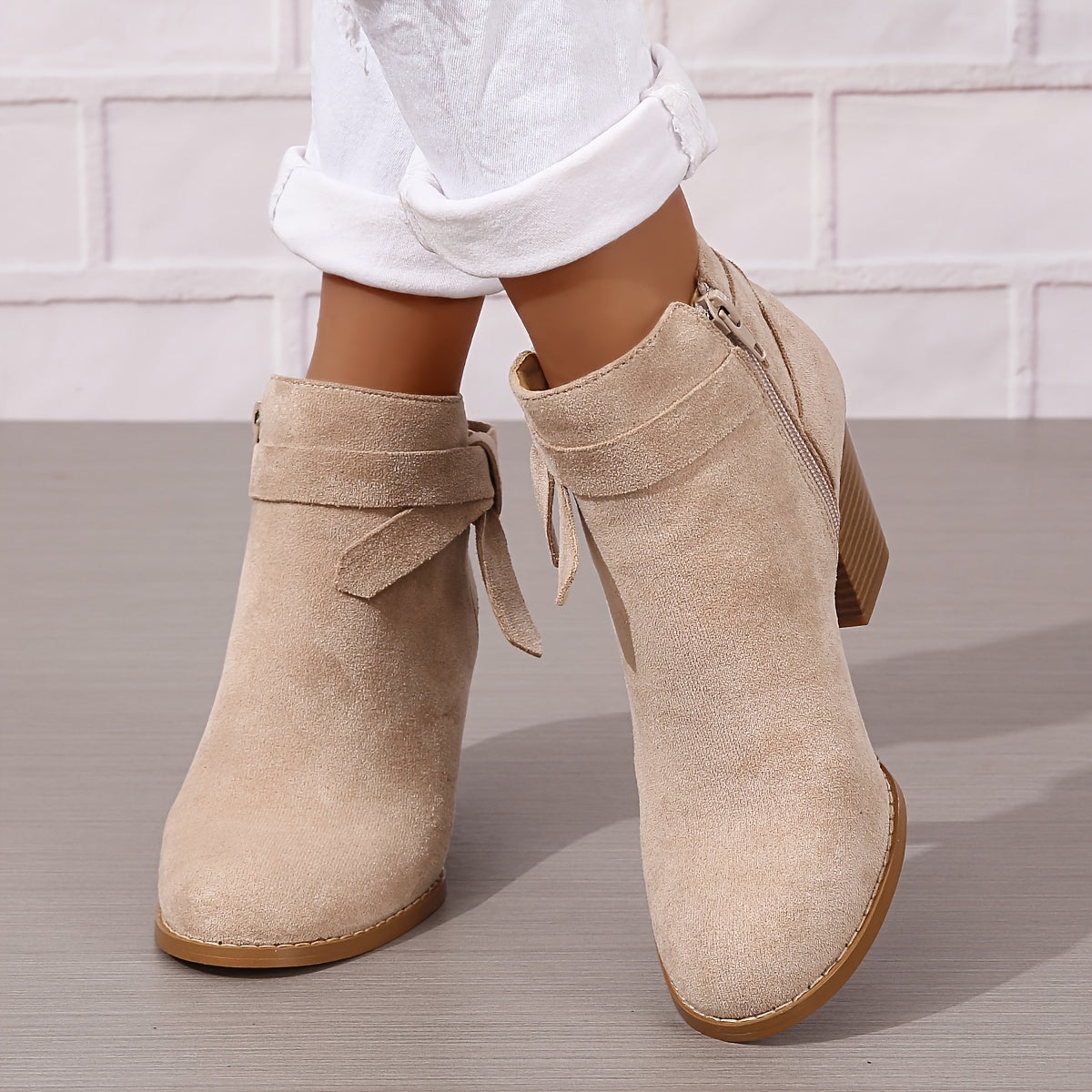 Women's Pointed Toe Ankle Boots with Rear Bow and Block Heel, view 8