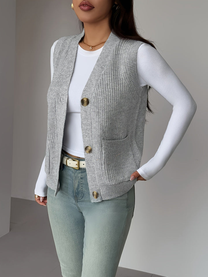 Women's Knit Vest, Button Front V Neck Sleeveless Sweater