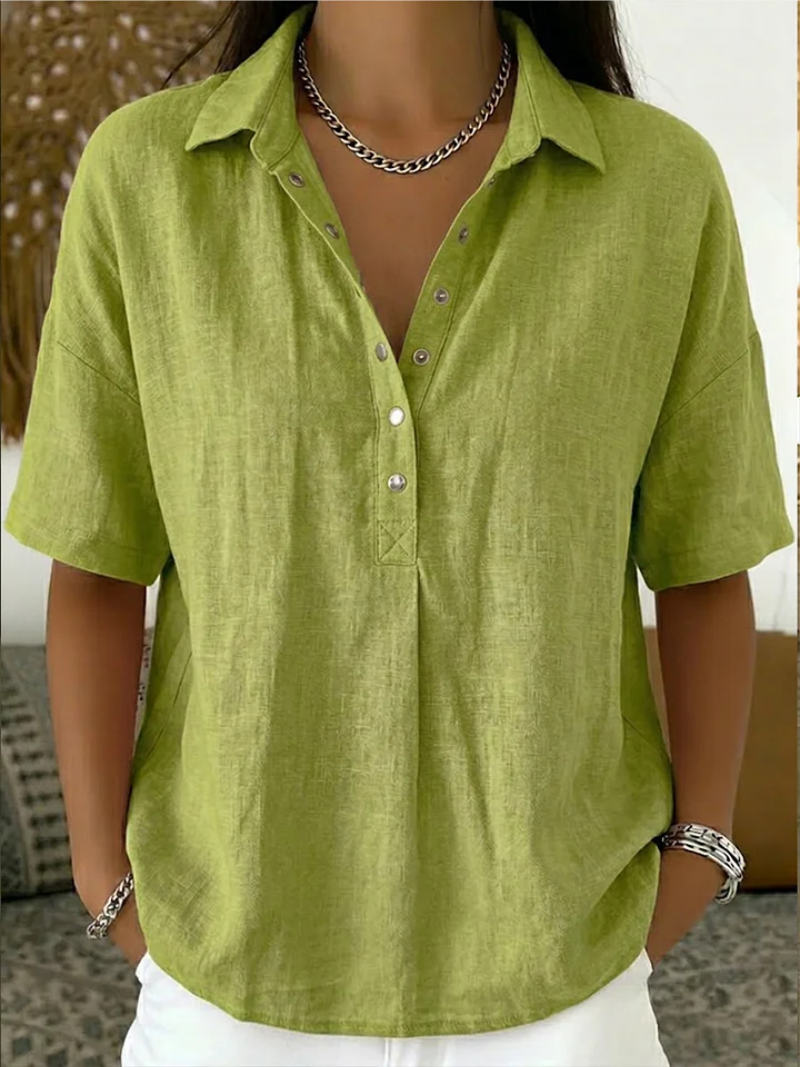 Women's Long Sleeve Collared Button-Front Blouse in Green