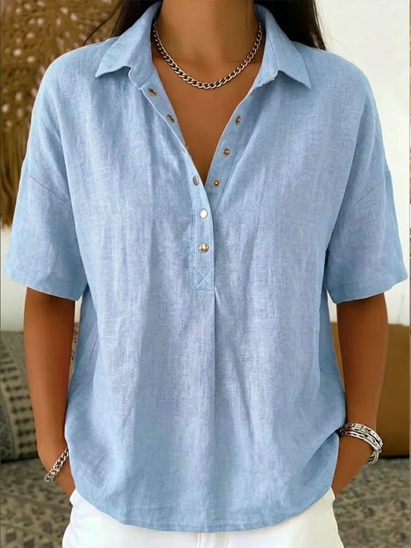 Women's Long Sleeve Collared Button-Front Blouse in Light Blue