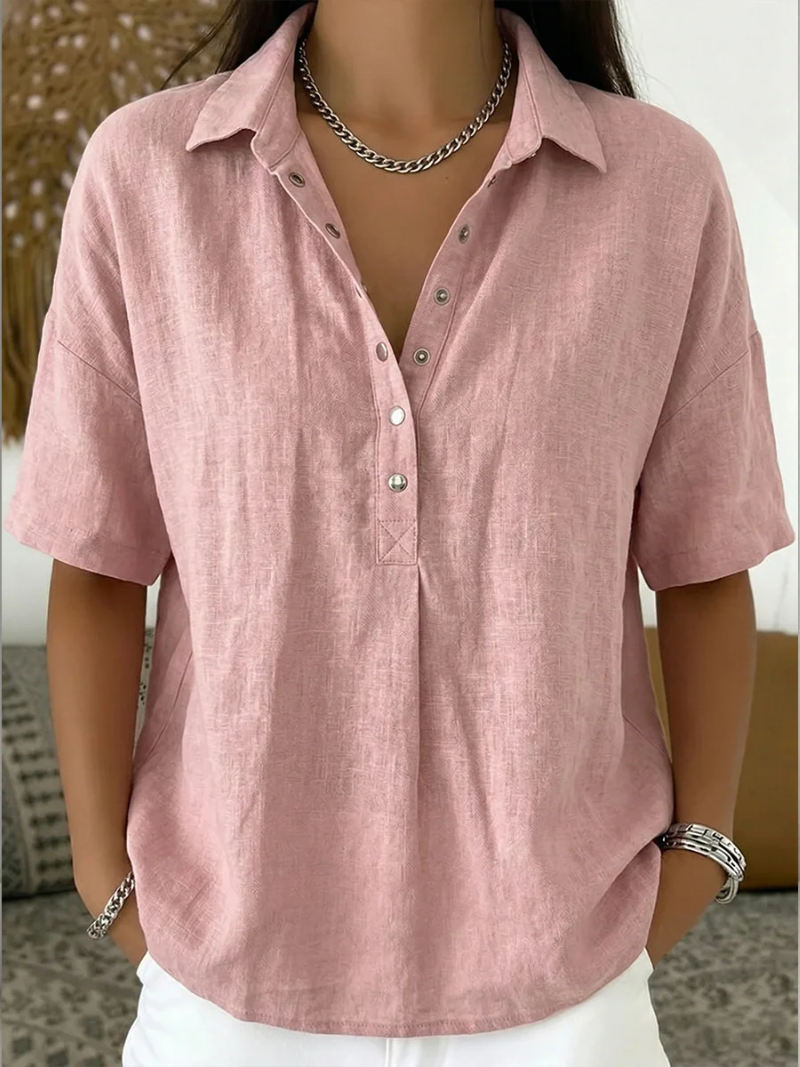 Women's Long Sleeve Collared Button-Front Blouse in Pink