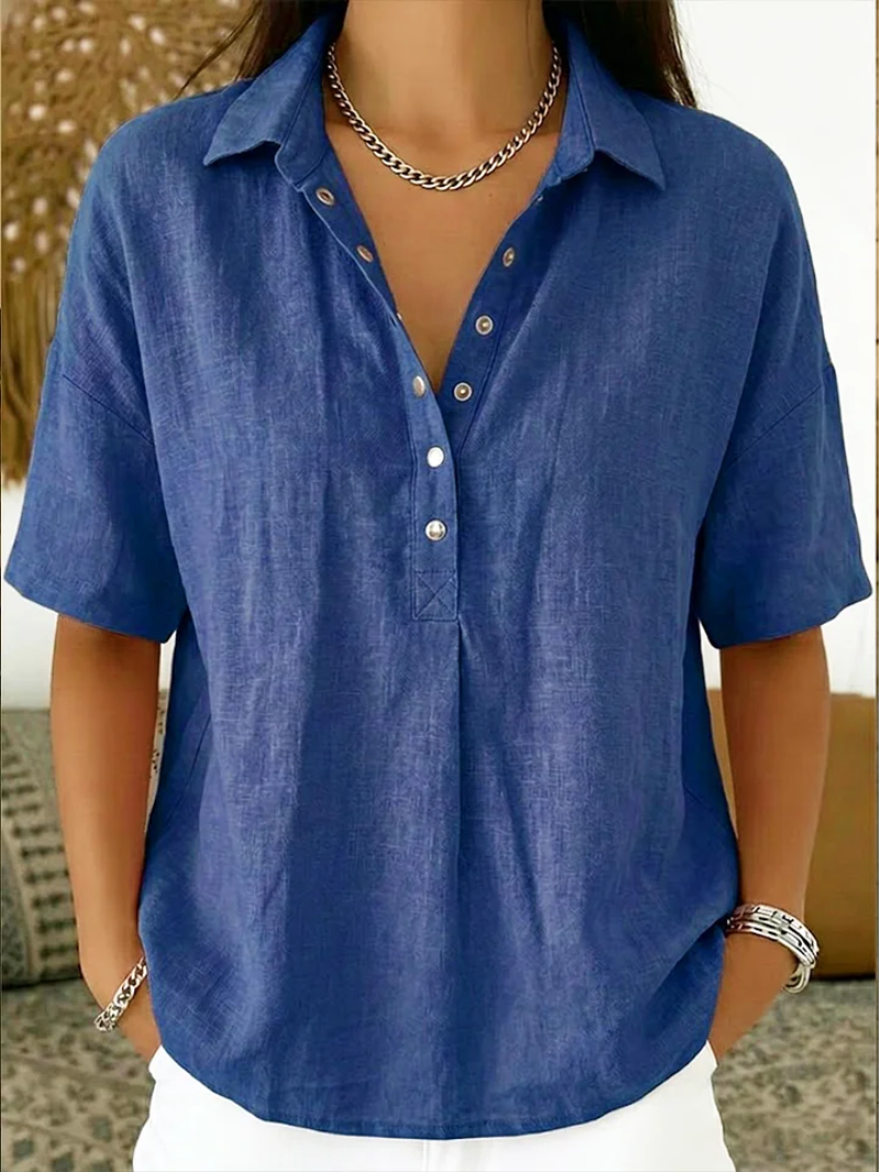 Women's Long Sleeve Collared Button-Front Blouse in Blue