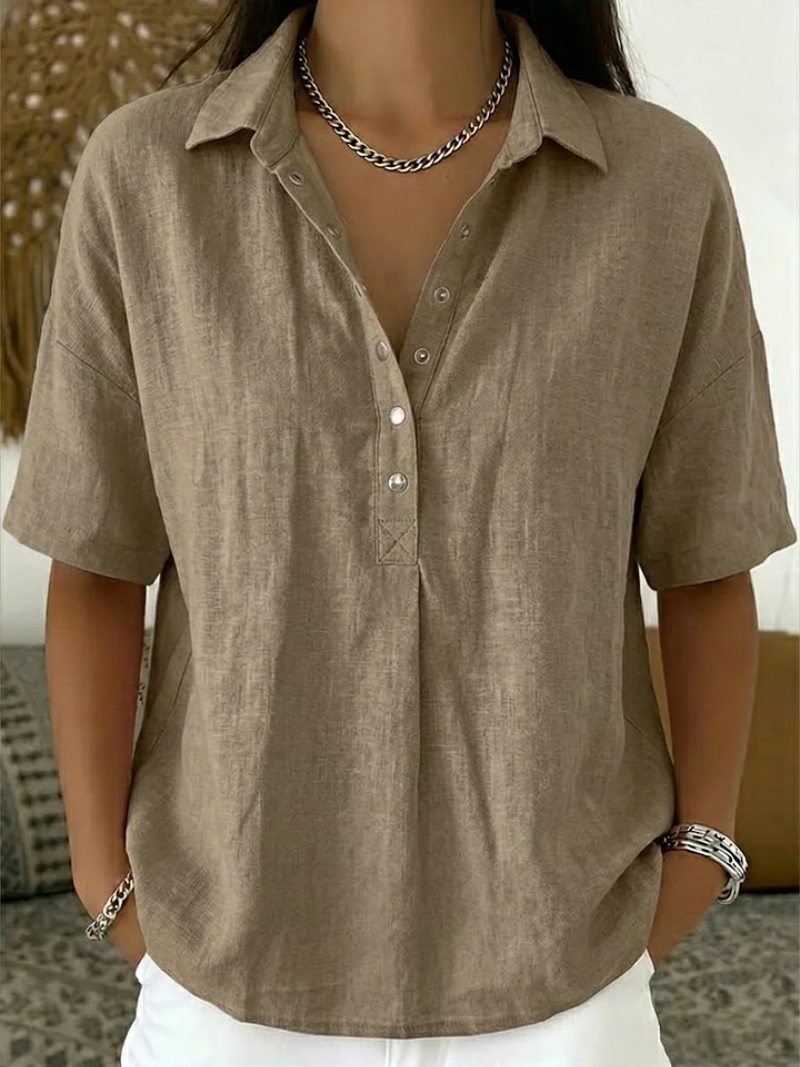 Women's Long Sleeve Collared Button-Front Blouse in Khaki