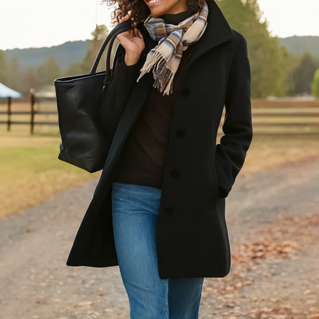 Women's Long Winter Coat, Button Front Straight Overcoat Outerwear