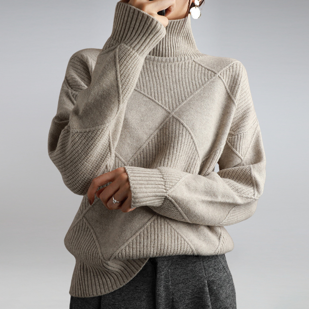 Women's Diamond Knit Oversized Turtleneck Sweater in Gray