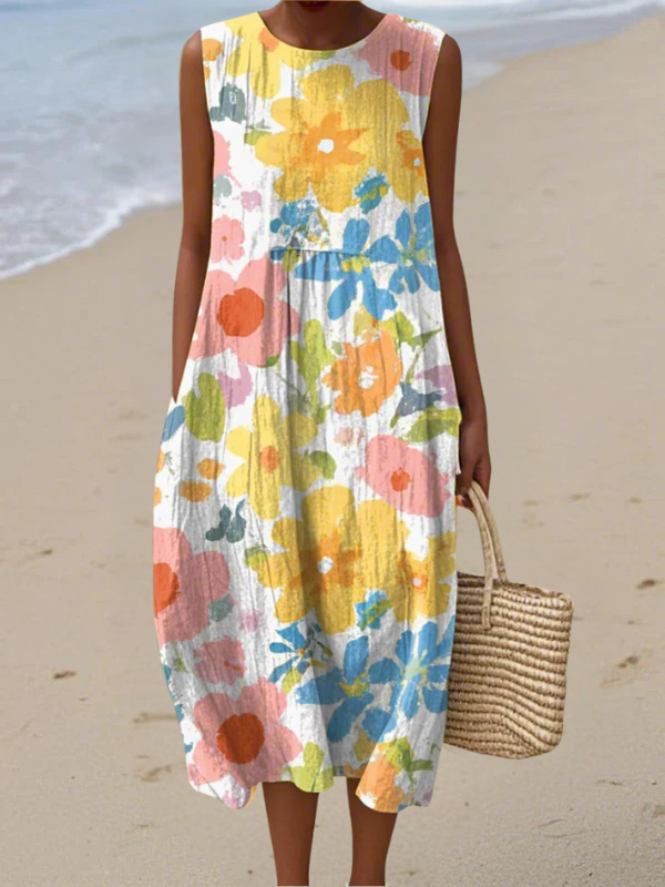 Women's Soft Pastel Floral Flowing Midi Day Dress in Multicolor