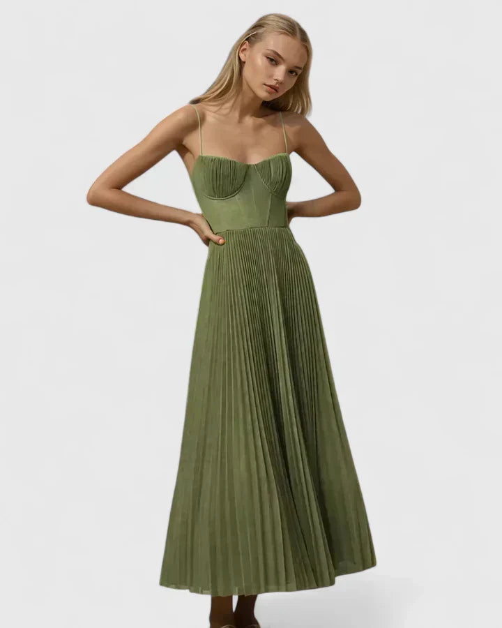 Women's Green Sweetheart Corset Midi Dress with Pleated Skirt, view 2