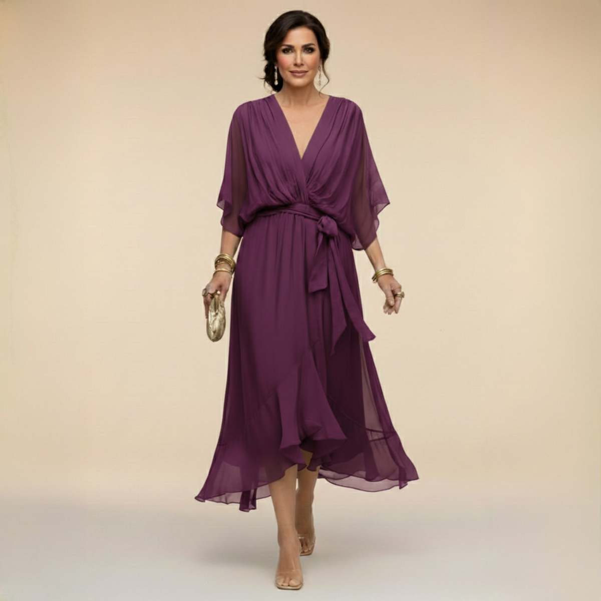 Women's Lightweight Chiffon V-Neck Midi Dress in Purple