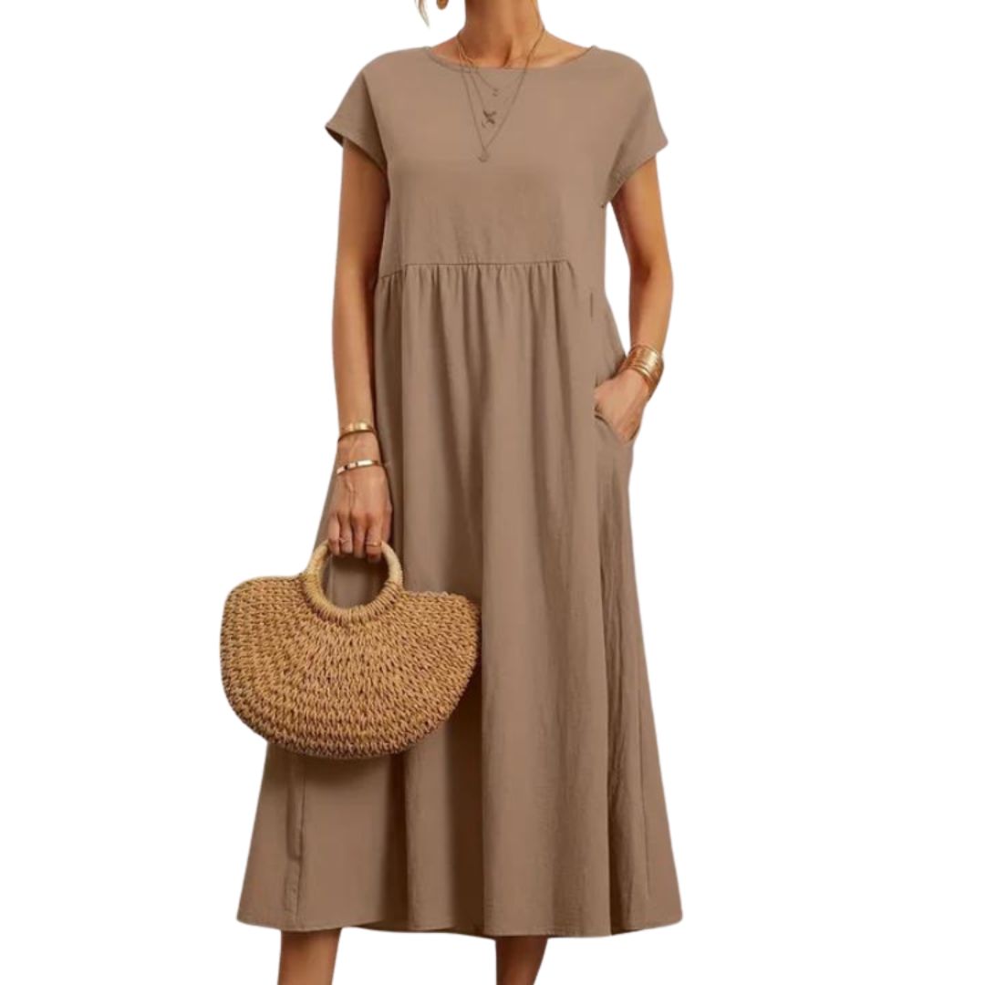Women's Cotton Relaxed-Fit Pull-On Midi Dress in Khaki