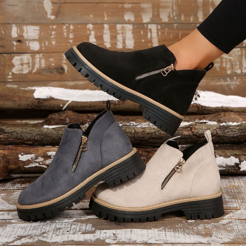 Women's Suede-Style Chunky Lug Platform Ankle Boots with Side Zip, view 2